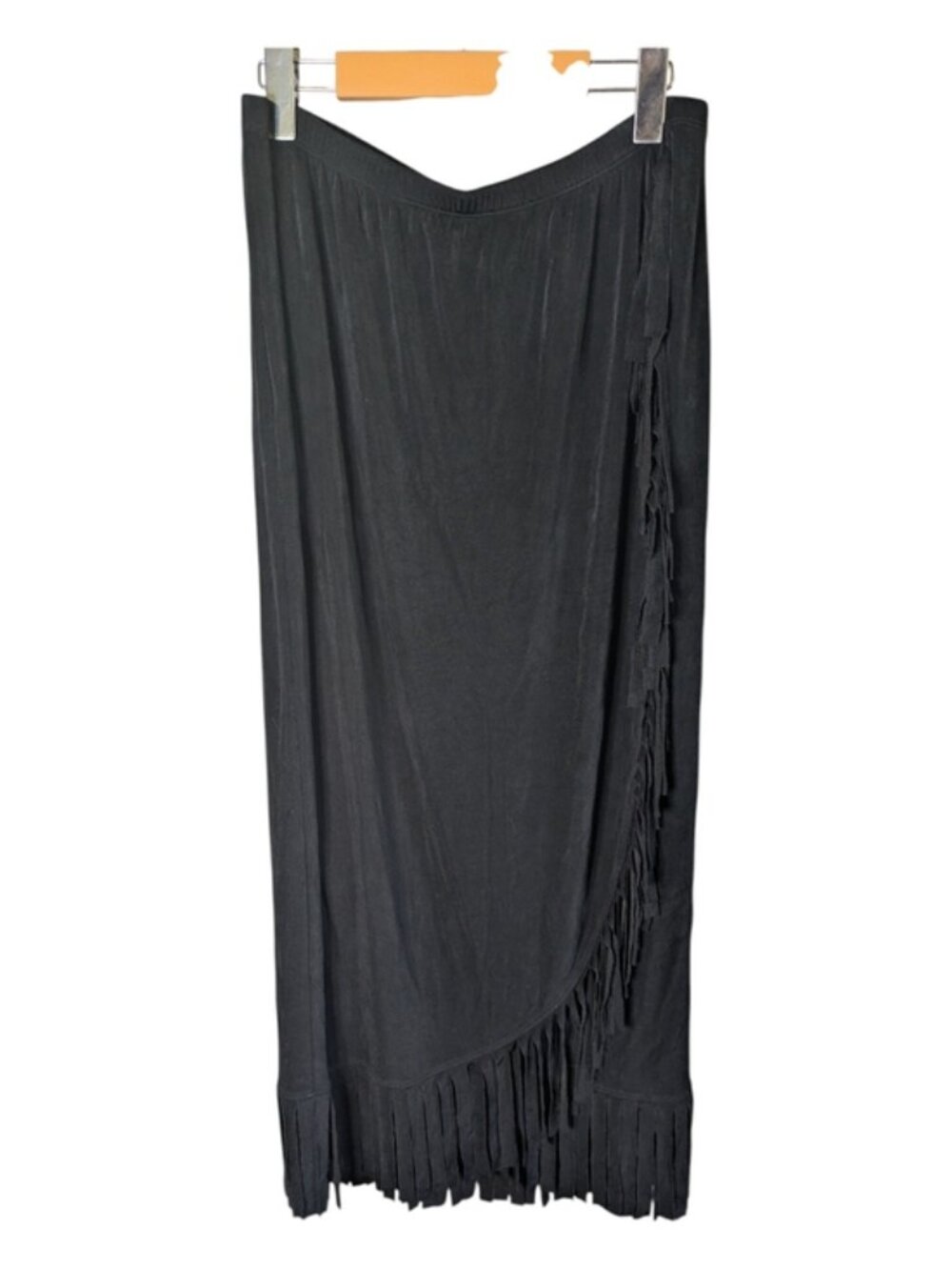 Chicos Travelers Skirt Fringe Black Slinky Stretch Knit Pull On Size 3 (US XL)
